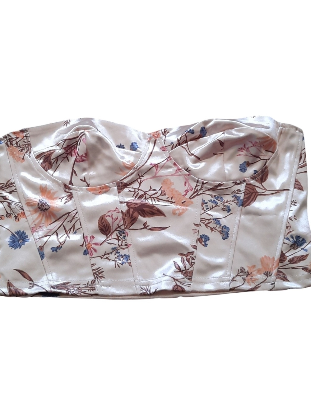 SHEIN Cream Satin Floral Bustier Cami with Blue & Peach Flowers